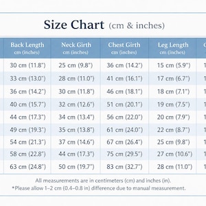 May include: A light blue and white pet size chart with paw print accents. The table lists sizes XS through 8, detailing measurements in centimeters and inches for back length, neck girth, chest girth, leg length, and collar height for garments.