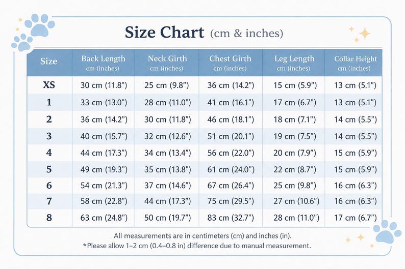 May include: A light blue and white pet size chart with paw print accents. The table lists sizes XS through 8, detailing measurements in centimeters and inches for back length, neck girth, chest girth, leg length, and collar height for garments.