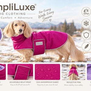 Peut inclure: Un manteau pour chien rose vif avec une doublure en polaire violette, doté d'un col montant, d'une sangle ventrale réglable et d'une bordure réfléchissante. Le tissu est imperméable et durable, conçu pour une utilisation par temps froid et humide.