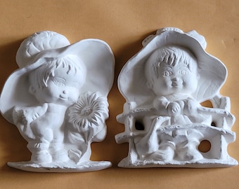 Juego de Big Hat Girls One Sided Flats-Ornaments, Ready to Paint Ceramics You Paint it ~ Slip Cast by Crazy Old Lady JC