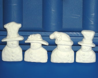 Sm set of 4 Snowmen Family - Pins, Pendants or Ornaments Ready to Paint Ceramics slip cast by CrazyOldLadyJC