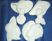 Price includes shipping 4-Fancy Lady Faces Pins or Pendants Ceramics Poured by CrazyOldLadyJC