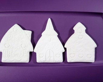 Gingerbread Home - School - Church Ornaments Ready to Paint Ceramics slip cast by CrazyOldLadyJC