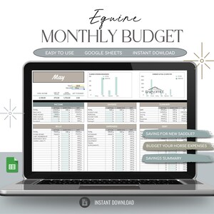 以下が含まれることがあります： ラップトップには「Equine Monthly Budget」のスプレッドシートが表示されています。画面には財務データ、グラフ、テキスト「Saving for New Saddle?」と「Budget Your Horse Expenses」が表示されています。「Easy to Use」、「Google Sheets」、「Instant Download」の文字が含まれています。