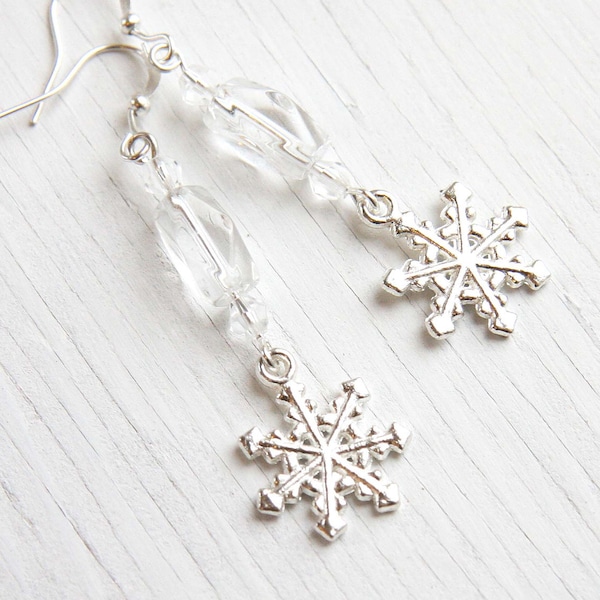 ON VACATION, Snowflake Earrings ice frozen Clear Crystal Earrings Sterling Silver Wedding Bridesmaids snow queen ice princess