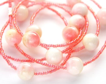 ON VACATION, Blush Pink Stone Necklace, Long Necklace Tiny Glass Seed Beads, Thin Necklace Dainty Beads Bohemian Style