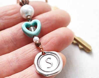 ON VACATION, Copper Keychain Silver Wax Seal Initial Turquoise Blue Ceramic Heart Monogram Personalized Custom Keyring White Pearl