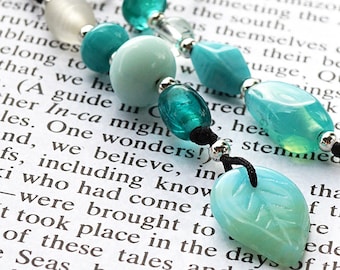 ON VACATION, Mint Green Leaf Lampwork Glass Beaded Bookmark Thong Gift For Reader Librarian bookmark for book Personalized Gift
