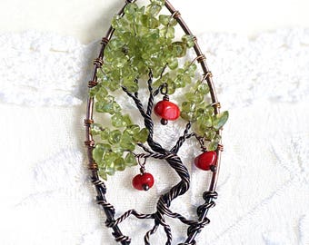 Red Apple Tree raw Peridot Tree of Life Necklace Raw Stone Pendant Bonsai Tree raw Crystal personalized garden gift