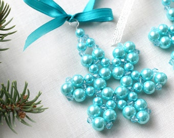 ON VACATION, Modern Christmas tree ornament Large Turquoise Pearl Beaded Snowflake Crystal Star christmas decor holiday decorations