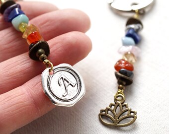 ON VACATION, Personalized Keychain, Initial or Lotus, 7 Chakra Stone Set, Chakra Crystals, Custom Wax Seal Charm, Gift for men