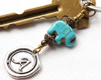 ON VACATION, Personalized Keychain, Blue Turquoise Lucky Baby Elephant Animal, Custom Initial Letter Charm, Personalized gift