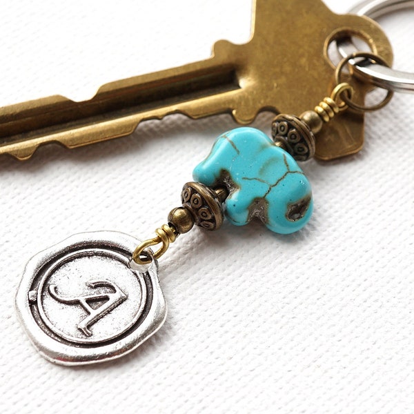 Personalized Keychain, Blue Turquoise Lucky Baby Elephant Animal, Custom Initial Letter Charm, Personalized gift