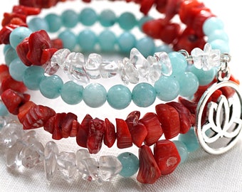 ON VACATION, Lotus Healing Bracelet Red Coral Bracelet Clear Rock Quartz Healing Crystal Bracelet Aquamarine Sterling Silver