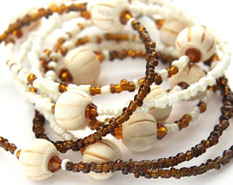 ON VACATION, Extra Long Necklace, Mixed natural Wood Glass Beads, Brown Beige Thin Single Strand Necklace Dainty Seed Bead