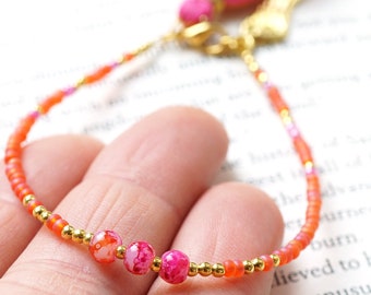Two tone Pink and Orange Tassel Bracelet Thin Gold Beaded Angel Wing Charm Boho Friendship Tiny Seed Bead Minimal