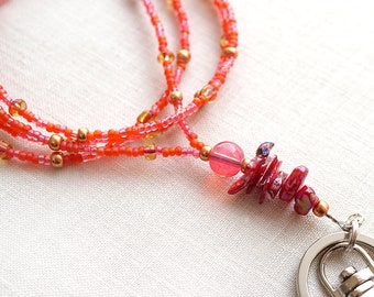 ON VACATION, Lanyard Necklace Pink Coral Shells id badge lanyard, teacher lanyard dainty beaded lanyard gift for friend coworker