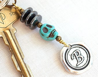 ON VACATION, Blue Turquoise Skull Keychain, Stacked Hematite Key Chain, Initial Letter Charm, Personalized Gift for Men