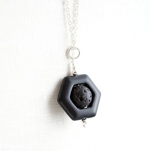 Minimal Black Stone Necklace, Modern Geometric Essential Oil Diffuser Lava Aromatherapy jewelry Sterling Silver