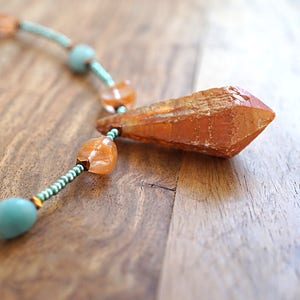 ON VACATION, Aura Quartz Point Raw Orange Crystal Necklace Crystal Point Amazonite Seafoam raw quartz jewelry statement necklace image 5