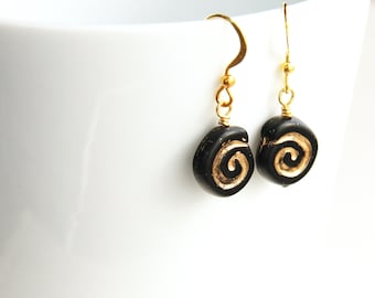 ON VACATION, Tiny Black Earrings Gold Spiral Earrings Artisan Glass Earrings Simple Geometric Earrings
