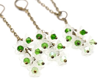 Spring Flower Cluster Earrings, Green Swarovski Crystals, White Lucite, Bronze Chain