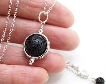 Full Moon Necklace Natural Raw Black Lava Stone Ball Essential Oil Sterling Diffuser aromatherapy gift for men