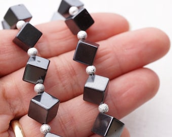 Natural Hematite Cube Necklace Silver Stardust Beads Geometric Necklace Modern Minimal Necklace Metallic Industrial