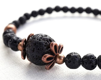 moon phase Black Lava Bracelet Copper Flower Bracelet Santorini Black Lava Stone Bracelet Natural Stone Tribal lunar