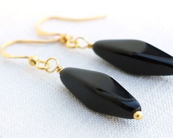 Simple Black Earrings Long Black Bead Modern Black Glass Earrings Geometric Minimalist Gold Earrings Black Drop