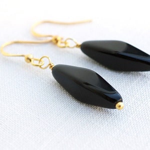 ON VACATION, Simple Black Earrings Long Black Bead Modern Black Glass Earrings Geometric Minimalist Gold Earrings Black Drop image 1