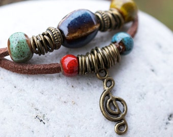 ON VACATION, Suede Leather Wrap Bracelet Colorful Ceramic Beads Music Charm Bracelet Gift for him Musician Bracelet Friendship