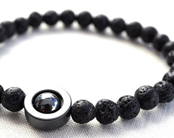 Pulseira Boho de Pedra Bruta com Difusor de Óleos Essenciais, Pulseira de Pedra Vulcânica Preta, Pulseira de Hematita Natural, Presente Masculino