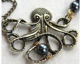 My Bubbles Large Bronze Octopus Pendant Long Single Stand Antique Brass Chain Necklace Captain Nemo Vintage Steampunk