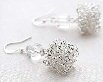 Sterling silver wire cube earrings Cool Ice Cube Earrings Modern Minimal Jewelry Glass Dangle Earrings