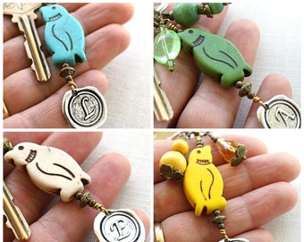 ON VACATION, Green Penguin Keychain Personalized Keychain Animal Gift Initial Wax Seal Pet Gift Custom personalized jewelry