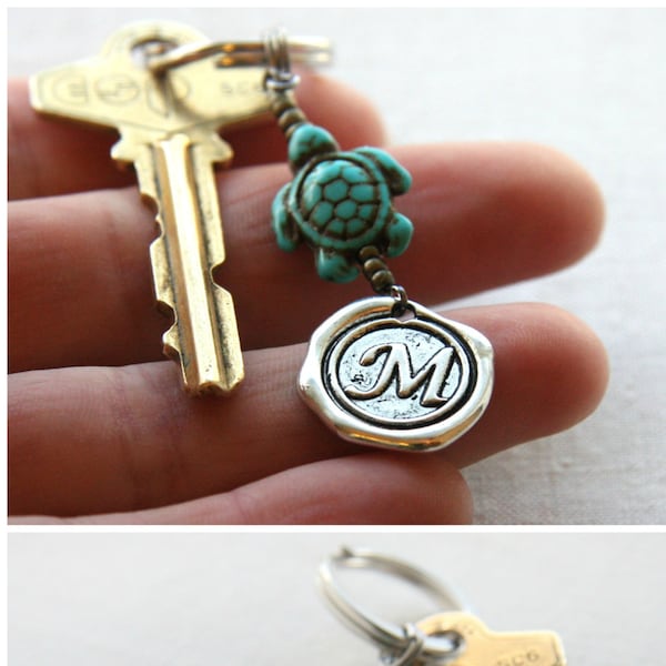 ON VACATION, Lucky Turtle Pet Keychain, Turquoise Animal, Custom Personalized Wax Seal Initial Charm, Gift for Men Women