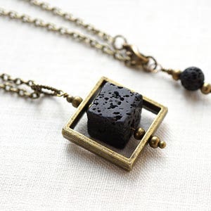 ON VACATION, Raw Stone Necklace Essential Oil Diffuser Necklace Big Cube Square Frame Raw Stone Black Lava Stone Necklace Mens image 2