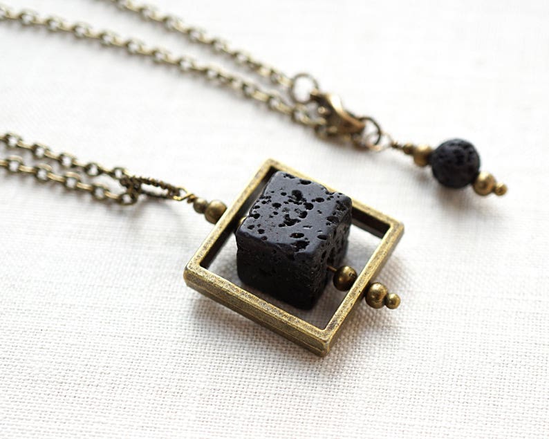 ON VACATION, Raw Stone Necklace Essential Oil Diffuser Necklace Big Cube Square Frame Raw Stone Black Lava Stone Necklace Mens image 2