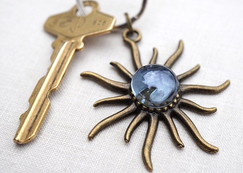 ON VACATION, Bronze Sun Keychain, Light Blue Bubble Gem, Custom Personalized Gift, Good Luck Charm image 3