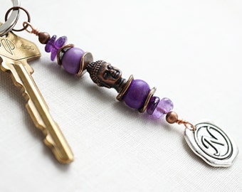 ON VACATION, Personalized Buddha Keychain, Purple Acai Amethyst, Custom Initial Wax Seal Charm, Meditation Yoga Gift