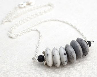 Raw Stone Necklace White Gray Ombre Stone Bar Black Lava Stone Necklace Sterling Silver Modern Minimalist Simple