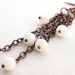 White Frosted Stone Beaded Chain Earrings Matte Quartz Cluster Long Antiqued Copper Chain Earthy Tribal Ethnic