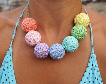 ON VACATION, Rainbow Necklace Artisan Handmade Big Cotton Ball Necklace Colorful Bib Necklace boho necklace Pastel Colors lgbt