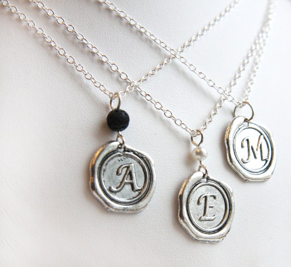 ON VACATION Initial Disc Necklace Personalized Necklace Dainty Sterling silver chain wax seal Letter unisex gift for men custom