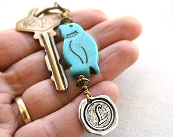 ON VACATION, Pet Gift Personalized Keychain Blue turquoise Penguin Custom Keychain Initial Wax Seal personalized jewelry