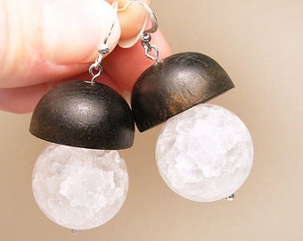 ON VACATION, Mushroom Earrings, Rich Dark Chocolate Brown Wooden Caps, Frosted White Crackled Glass Ball, Sterling Silver