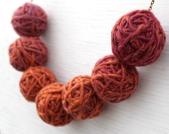 Artisan Handmade Fiber Ball Necklace, Yarn Ombre Thread Necklace, Bronze Chain, Large Balls Earthy Burnt orange