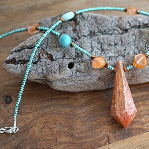 ON VACATION, Aura Quartz Point Raw Orange Crystal Necklace Crystal Point Amazonite Seafoam raw quartz jewelry statement necklace image 4