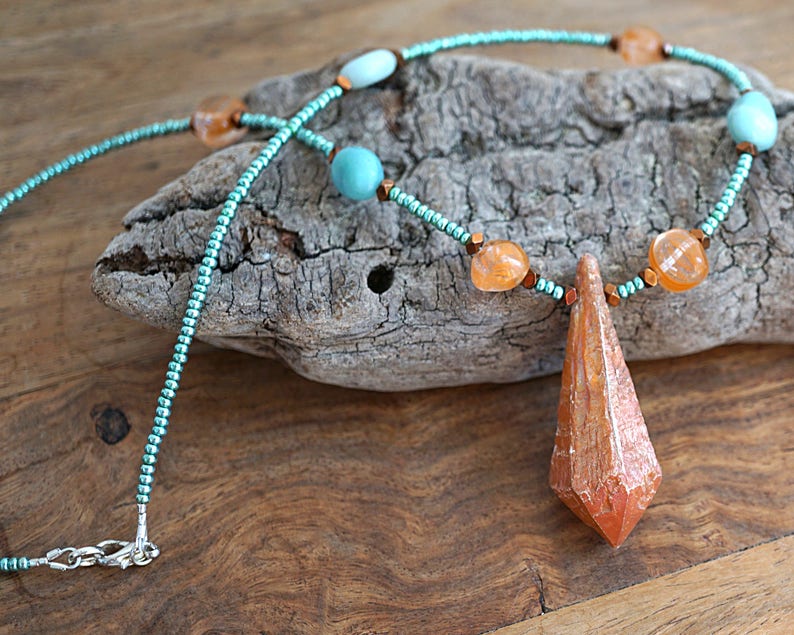 ON VACATION, Aura Quartz Point Raw Orange Crystal Necklace Crystal Point Amazonite Seafoam raw quartz jewelry statement necklace image 4